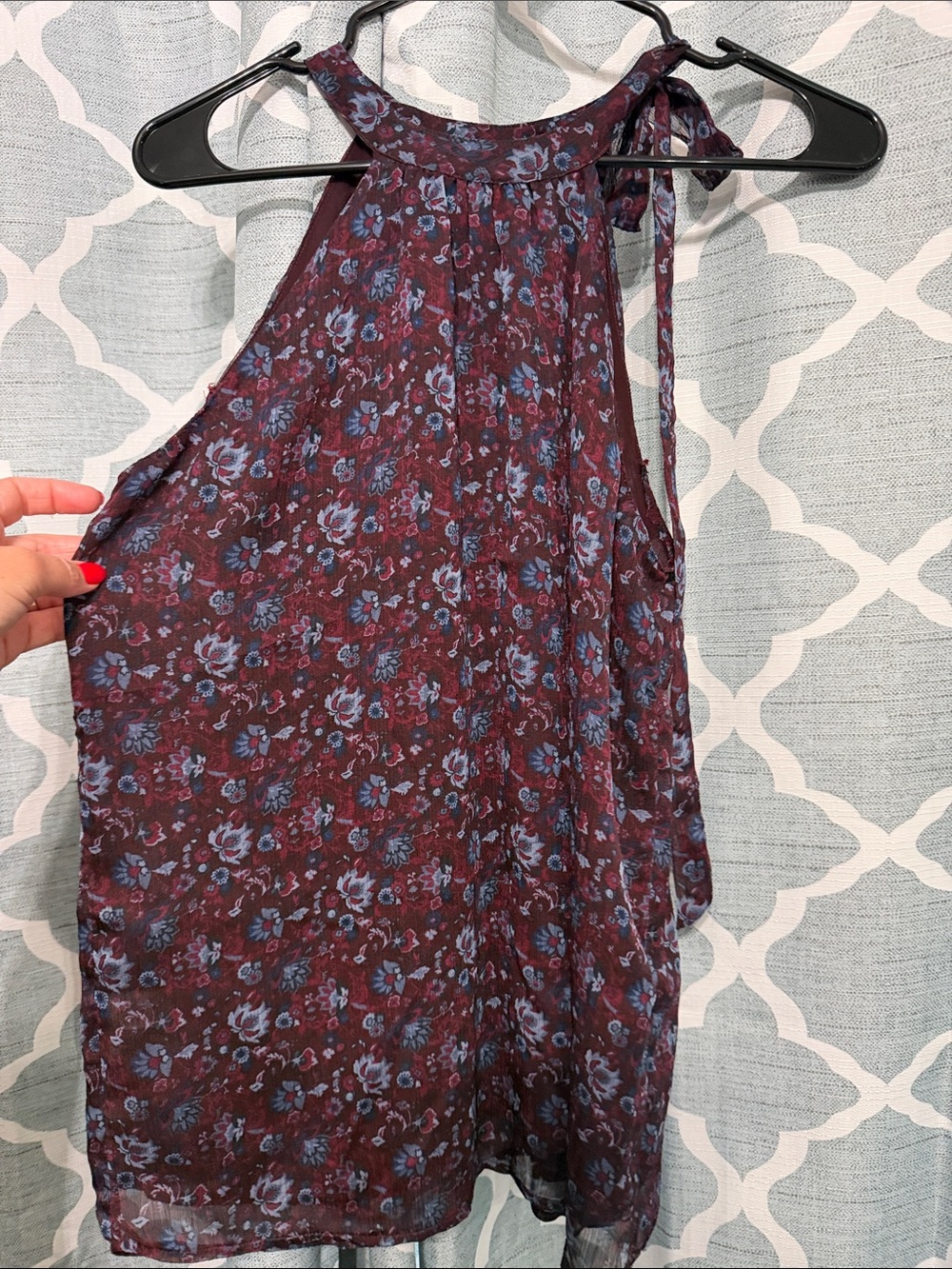 LOFT Burgundy Floral Halter Cami with Blue Accents